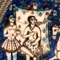Large Round Qajar Underglaze Pottery Tile Circa 19th Century of Prince on Horseback with Nude Women 7.jpg