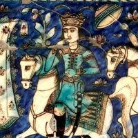 Large Round Qajar Underglaze Pottery Tile Circa 19th Century of Prince on Horseback with Nude Women 10.jpg