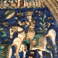 Large Round Qajar Underglaze Pottery Tile Circa 19th Century of Prince on Horseback with Nude Women 11.jpg