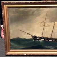 19th C Oil on Canvas Nautical Painting Two Mast Ship in Storm 2.jpg