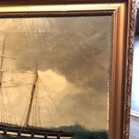 19th C Oil on Canvas Nautical Painting Two Mast Ship in Storm 3.jpg