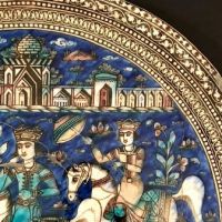 Large Round Qajar Underglaze Pottery Tile Circa 19th Century of Prince on Horseback with Nude Women 6.jpg