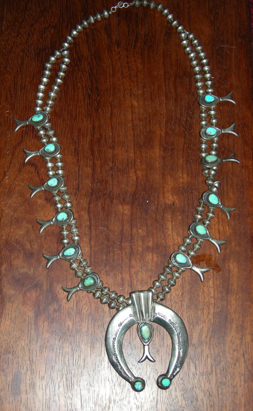 Antique 1800's Silver and Turquoise Squash Blossom Necklace Native