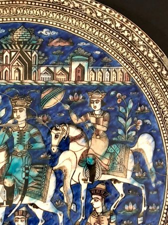 Large Round Qajar Underglaze Pottery Tile Circa 19th Century of Prince on Horseback with Nude Women 6.jpg