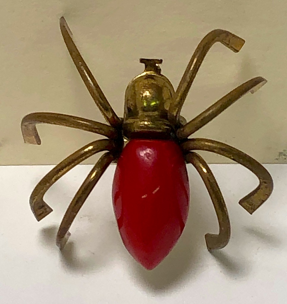 Vintage Brass And Red Bakelite Abdomen Spider Pin Broach Circa 1940s
